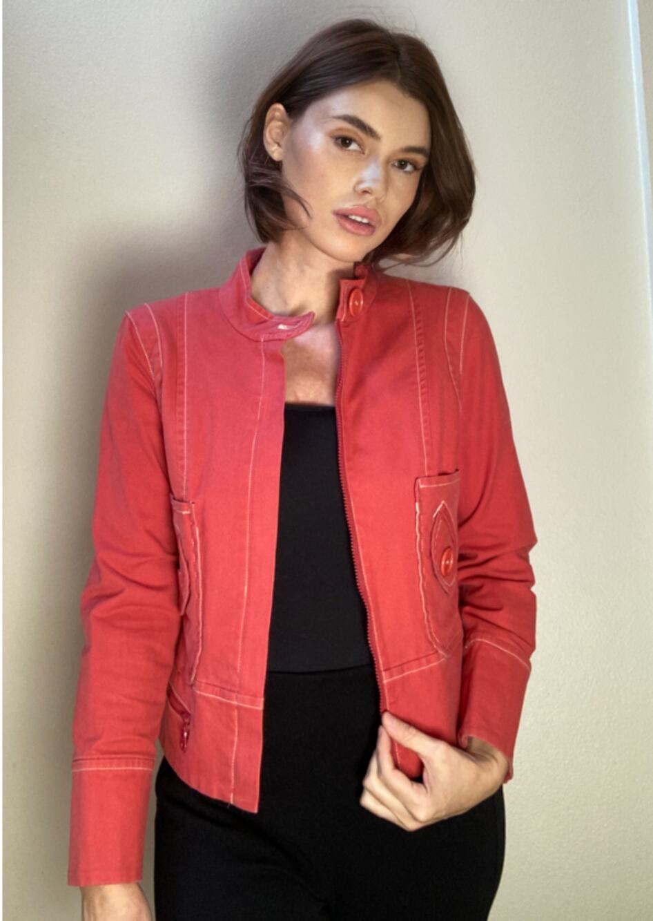 Anthropologie Sitwell Marc Jacobs Moto Jean Jacket Bright Pink Buttons ~ Sz 10